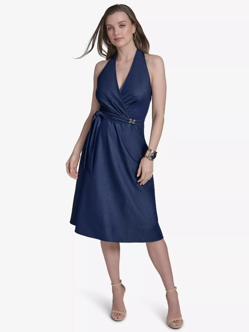 Halston Women's Sleeveless Halter-Neck Faux-Wrap Midi Dress Dark Blue Size 14